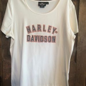 Harley Davidson Womens T Shirt Size XL Rhinestone Lettering Cream